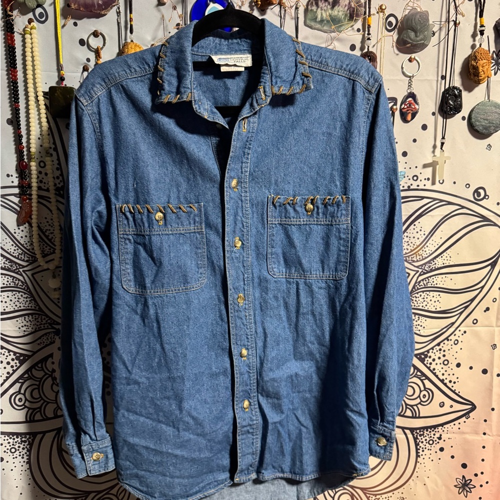 🤠VINTAGE Central Falls Blue Denim Button-Up Shirt with Leather Trim